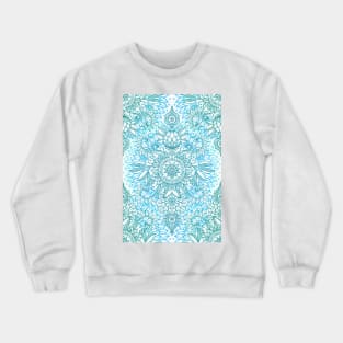 Turquoise Blue, Teal & White Protea Doodle Pattern Crewneck Sweatshirt